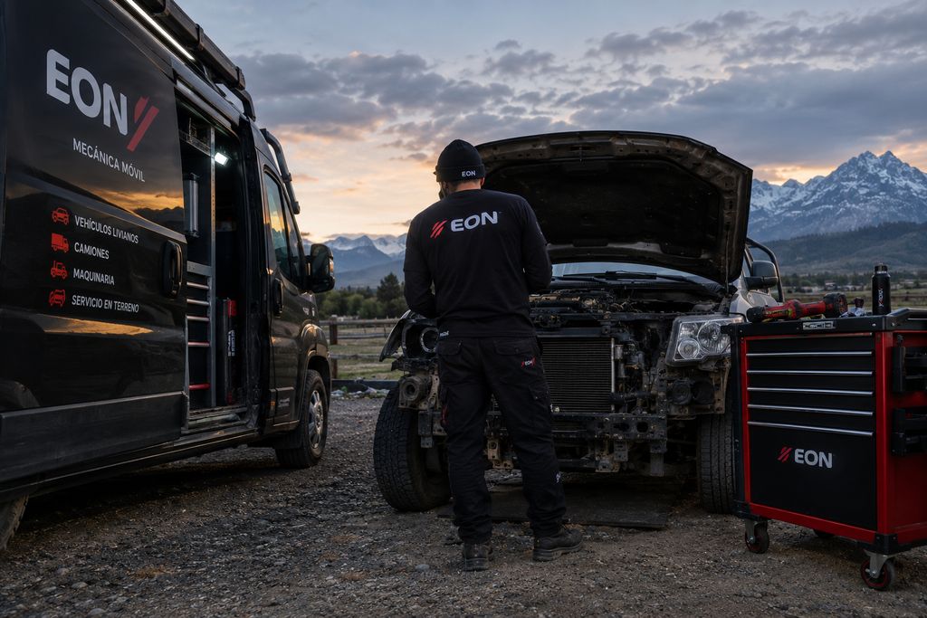 Técnico EON trabajando en terreno junto a la furgoneta EON Mecánica Móvil